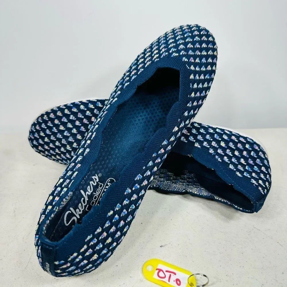 Skechers Womens Sz 10 Cleo Sport Confetti Sky Comfort Flat Shoes Navy